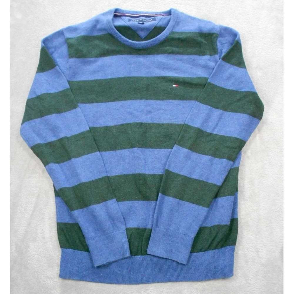 Tommy Hilfiger Sweater Medium Round Neck Striped Blue Green Long Sleeve